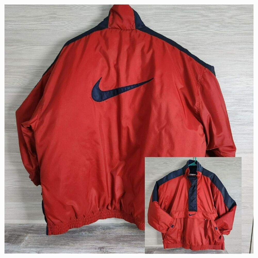 Nike Vintage 90s Big Swoosh Anorak Puffer Red Navy Kangaroo Jacket‎ L Winter